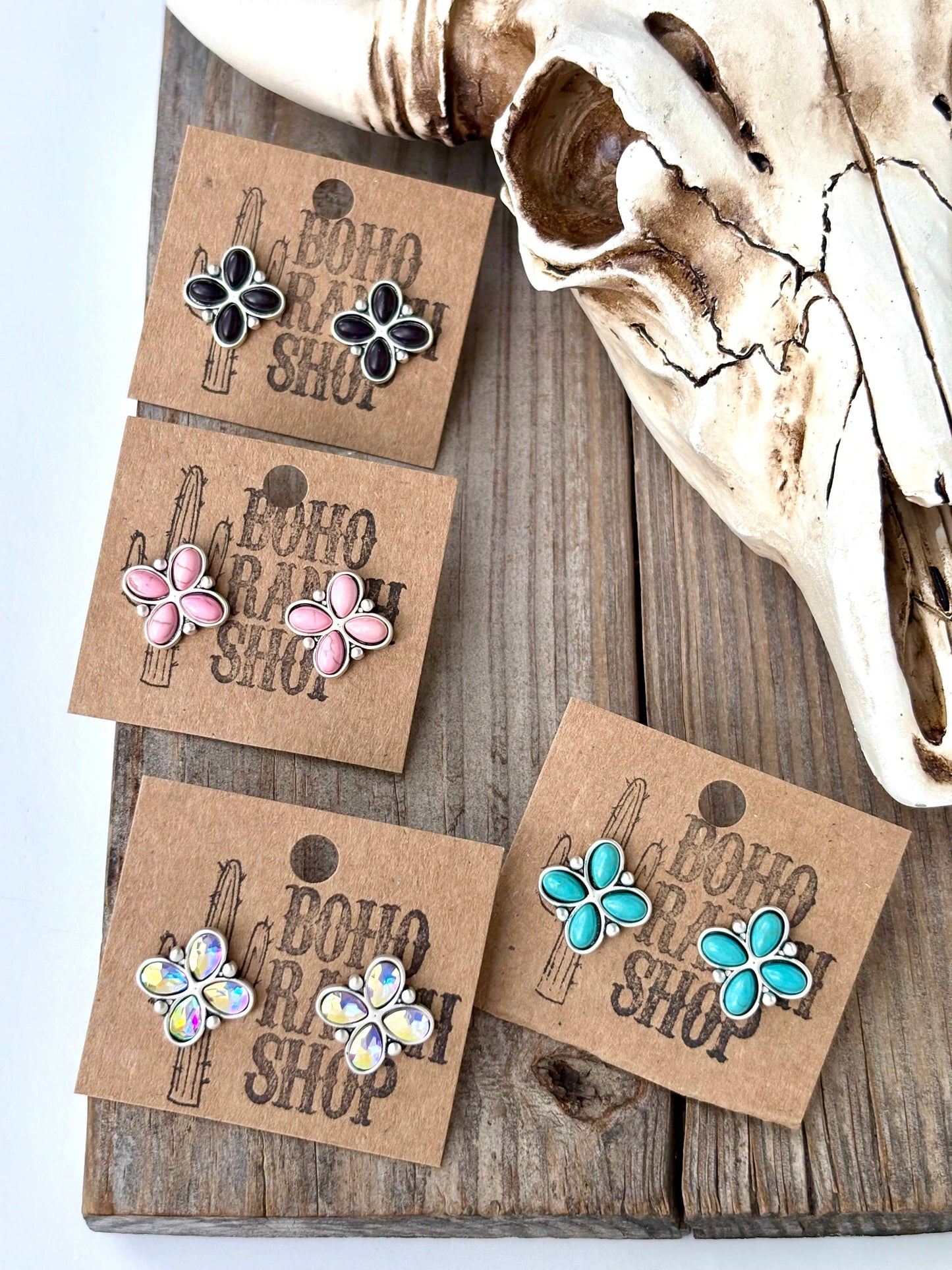 Western Stone Clover Stud Earrings