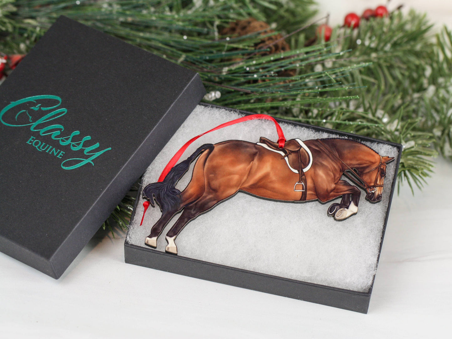 Equestrian Hunter Horse Ornament - Bay Hunter Jumper Takeoff