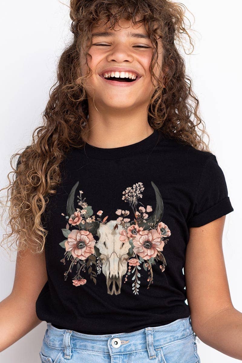 Western Skull Floral Kids Graphic Tee