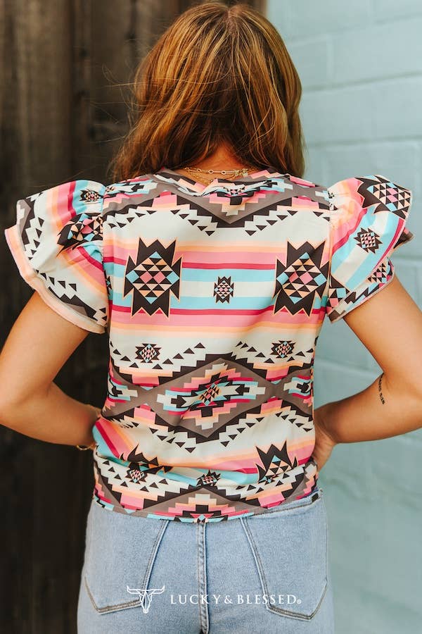 Multi Aztec Printed Double Ruffle Short Sleeve Shirt