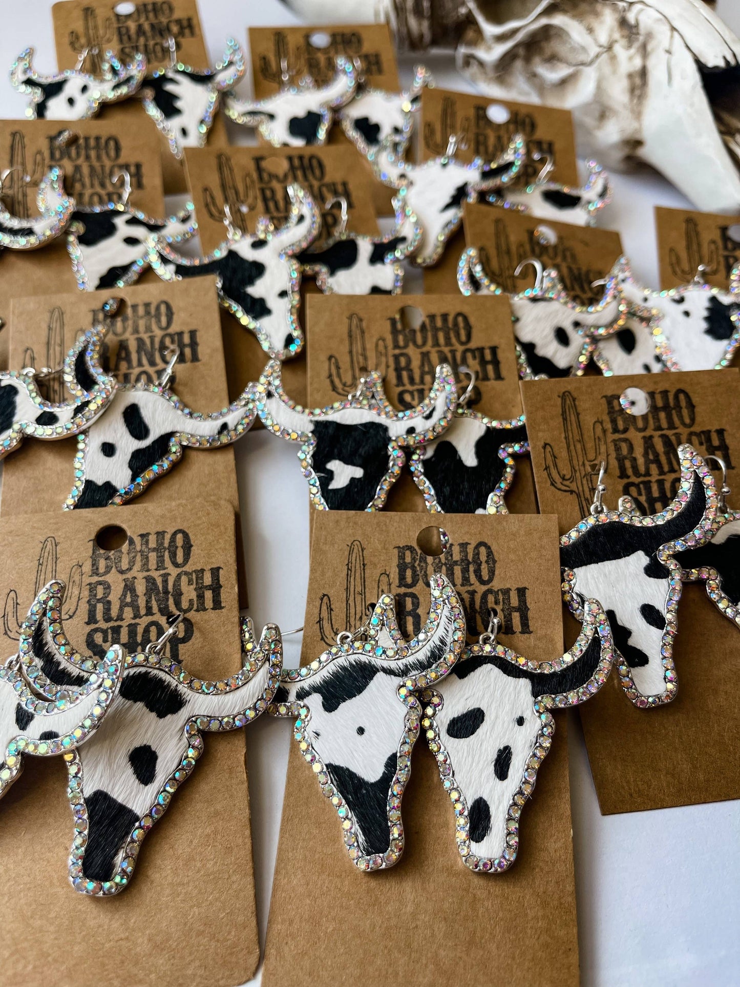 Western Cowhide Bling Steer Longhorn Earrings