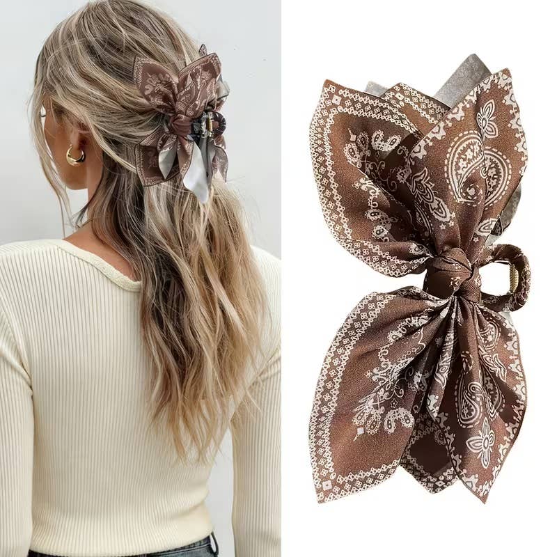 Brown and White Print Bow Hair Clips