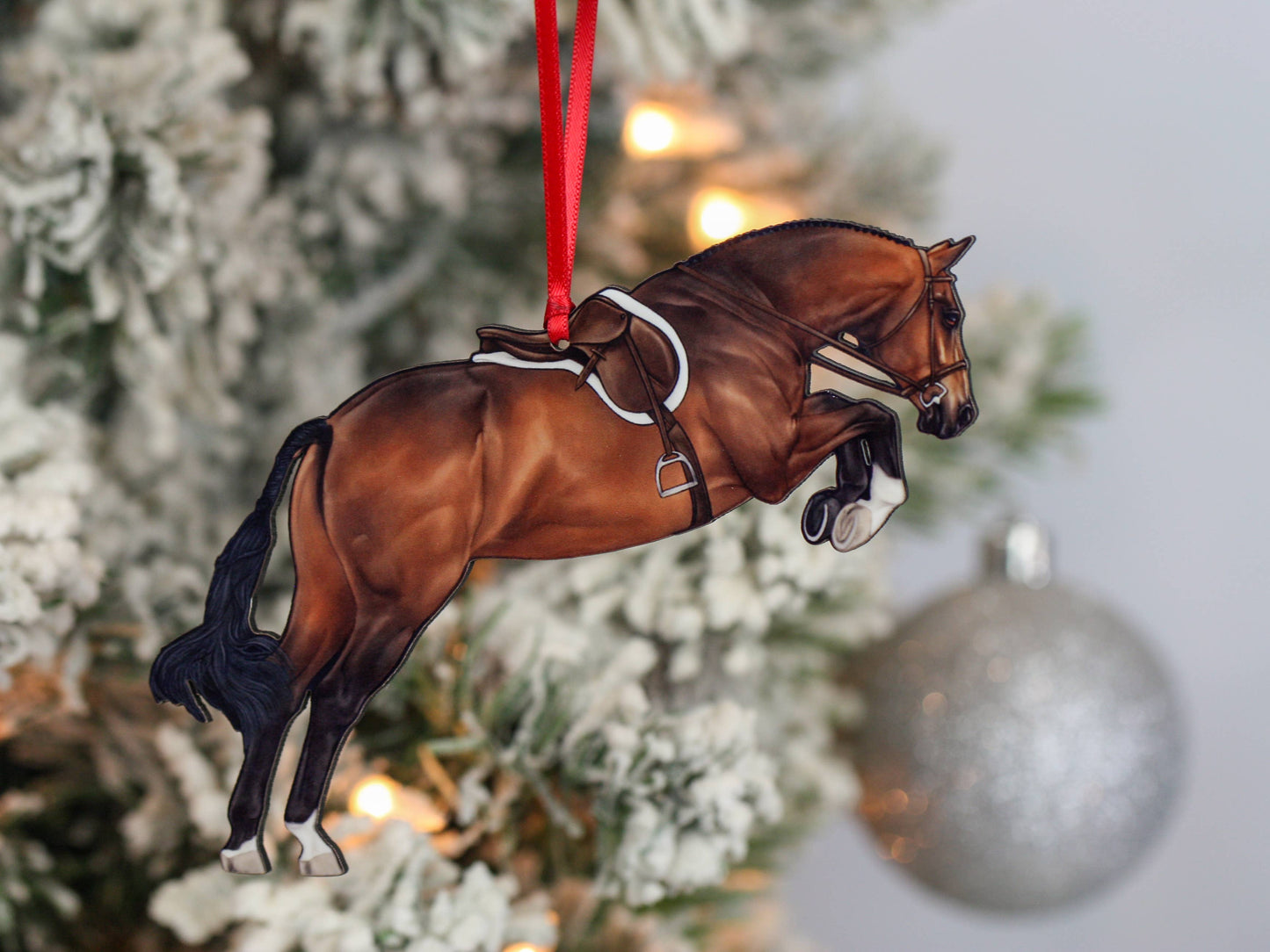 Equestrian Hunter Horse Ornament - Bay Hunter Jumper Takeoff