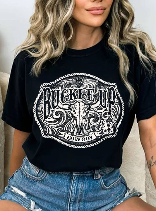 BUCKLE UP COWBOY COW SKULL GRAPHIC TSHIRTS