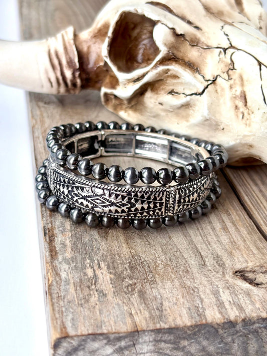 3 Layer Western Stretch Bracelet w/ Navajo Pearl
