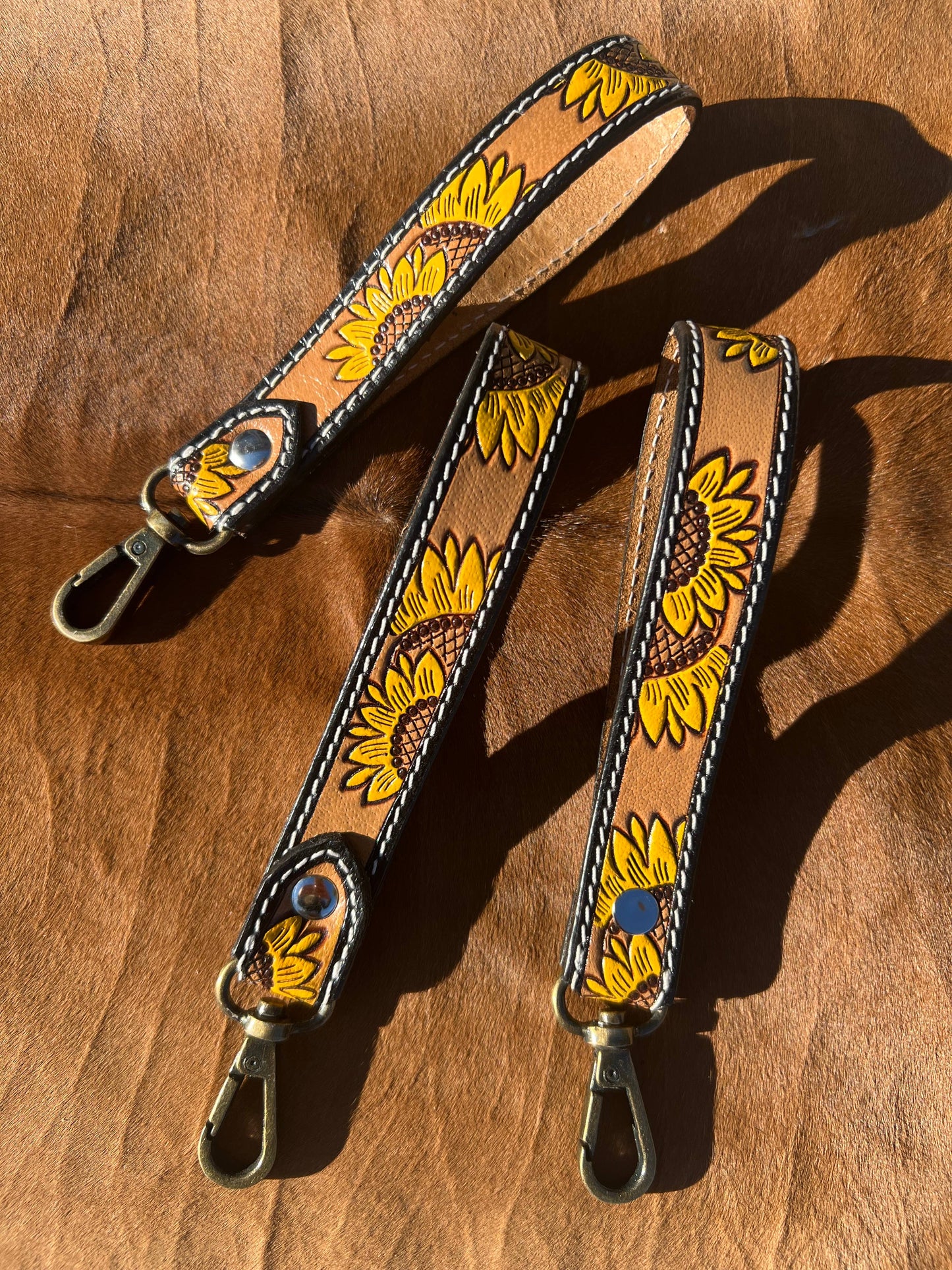 Tooled Leather Sunflower Western Wrist Strap Keychain