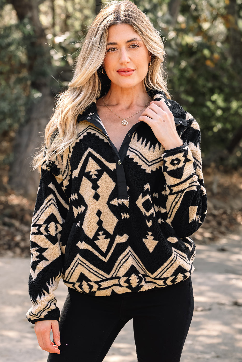 Beige Western Aztec Half Zip Plush Sweatshirt