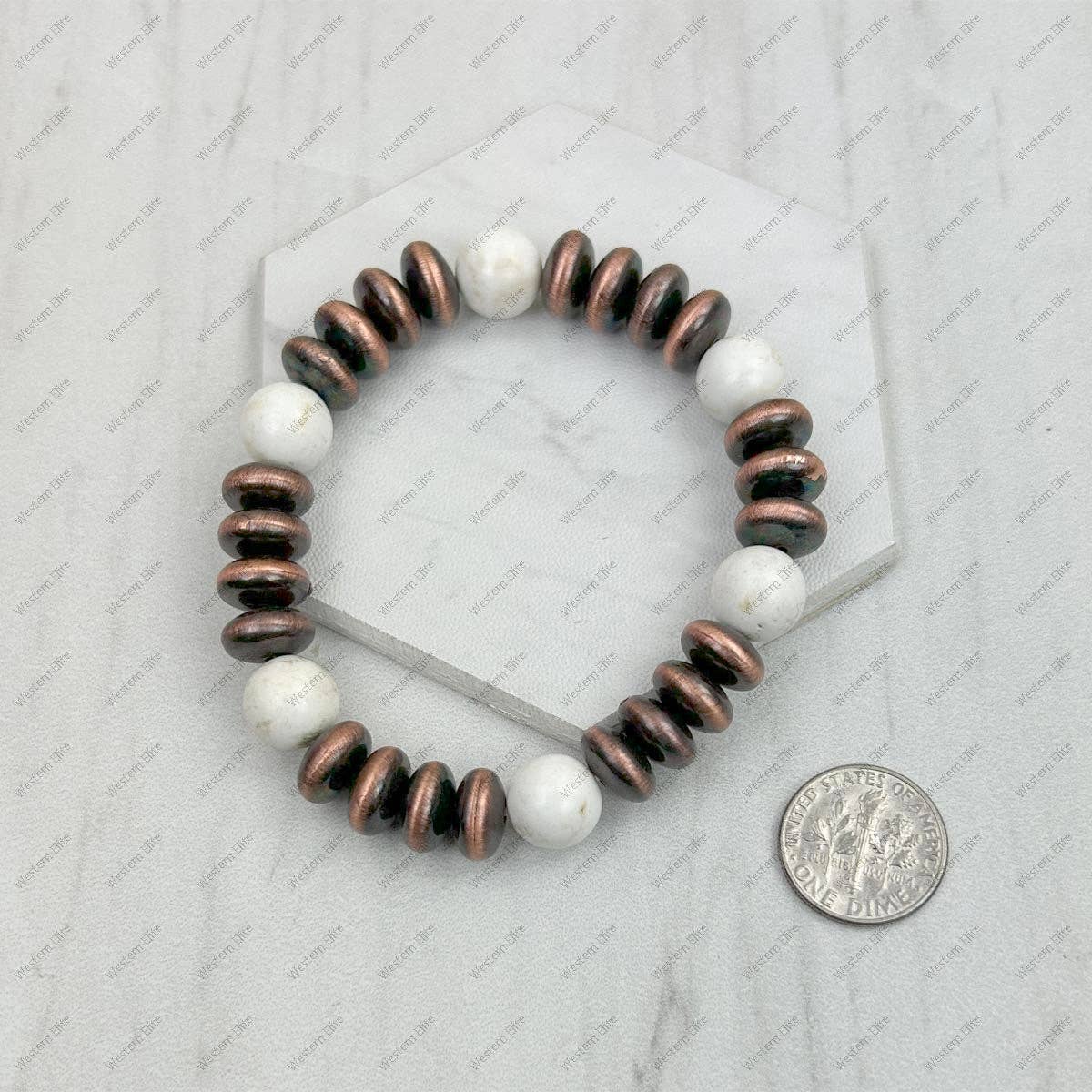 BRZ240708-58                        Blue turquoise stone and copper Navajo pearl beads bracelet